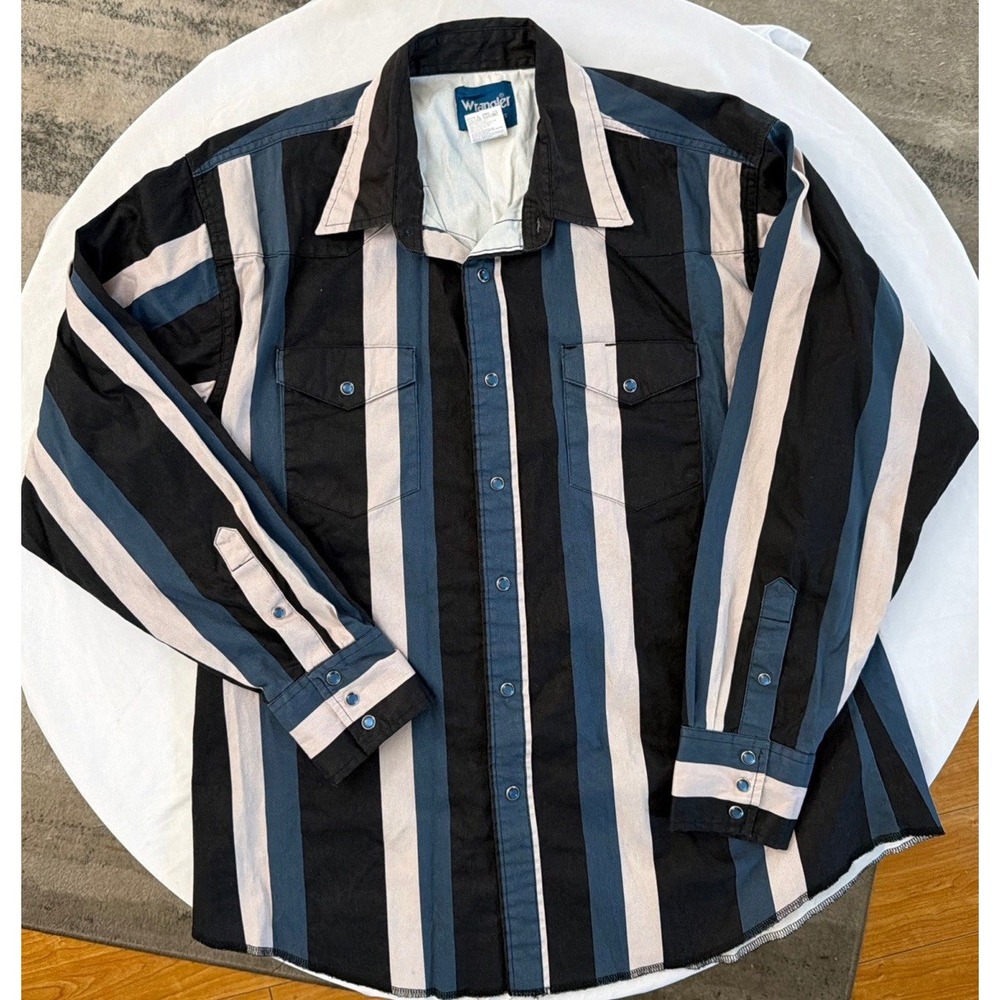 Wrangler Western Shirt Men's XL Black Blue Gray Striped Snap Front